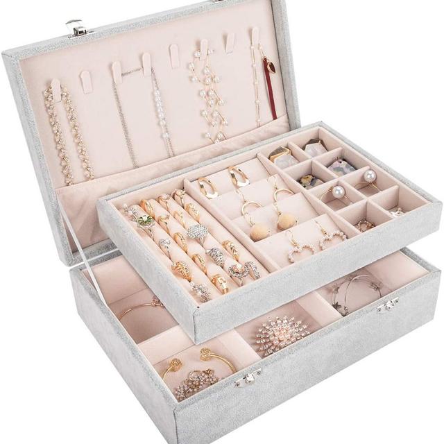 Mebbay 2 Layer Velvet Jewelry Box with lid Jewelry Organizer with Lock for Necklace Earrings Bracelets Rings, Grey