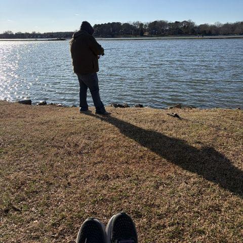 "Fishing" together. The first weekend I cried leaving him, so I turned around and joined him fishing with the guys. Glad they didn't mind.
