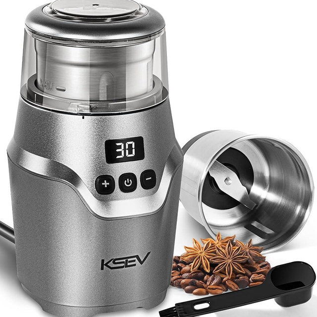 KSEV Digital Display Timer Electric Coffee Grinder, 150W Herb Grinder, Large Capacity Up to 12 Cups, Whisper Quiet, Safety Lock Feature, Removable Stainless Steel Cup for Spices, Herbs, Nuts (Silver)