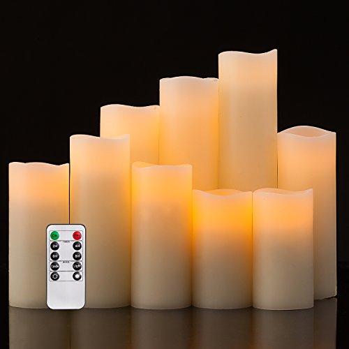 Pandaing Flameless Candles Battery Operated LED Pillar Real Wax Flickering Electric Unscented Candles with Remote Control Cycling 24 Hours Timer, Ivory Color, Set of 9