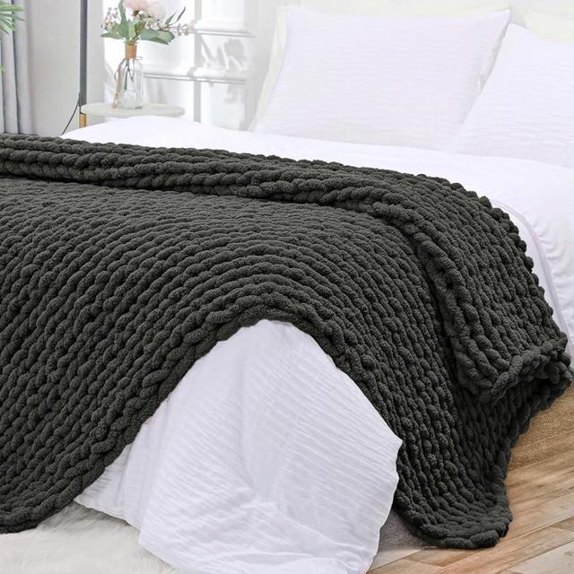 Bigacogo Chunky Knit Blanket Throw 60"x80", 100% Hand Knitted Chenille Throw Blanket, Big Soft Thick Yarn Cable Knit Blanket, Large Rope Knot Crochet Throw Blankets for Couch Bed Sofa (Dark Grey)