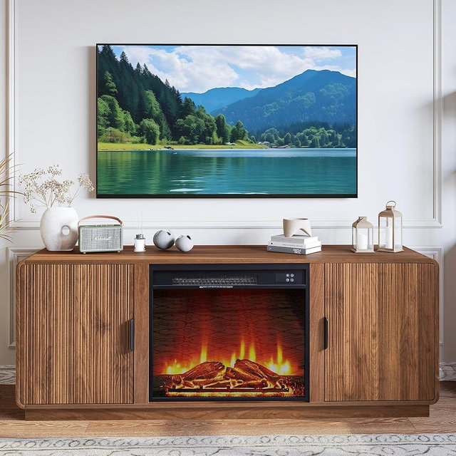 BERRYMERRY 60inch Fireplace TV Stand with 23" Electric Fireplace Heater,Mid Century Modern Fluted Entertainment Center for TVs Up to 75" for Living Room, Bedroom (Brown with Fireplace)