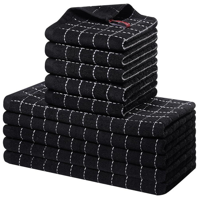 Homaxy Kitchen Towels and Dishcloths Set, 12 x 12 and 13 x 28 Inches, Set of 10 Bulk Cotton Terry Kitchen Towels Set, Checkered Designed, Soft and Super Absorbent Dish Cloths, Black