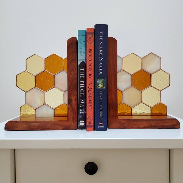 Honeycomb Stained Glass Bookends. Iridized...