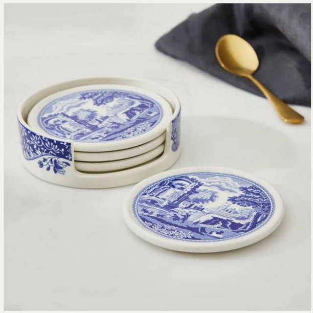 Blue Italian Ceramic Coasters with Holder
