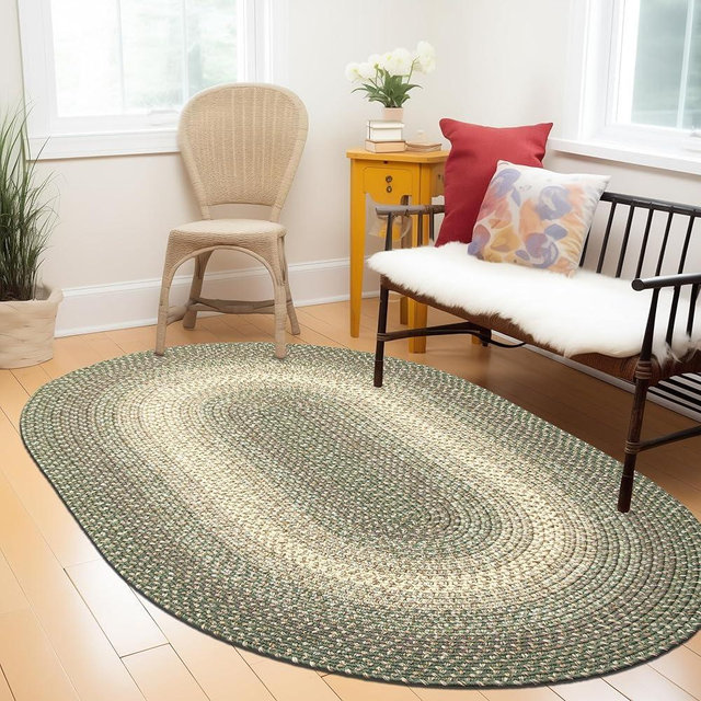 Super Area Rugs Braided Rugs 3X5 Farmhouse Kitchen Rug - Ridgewood Braided Rug for Living Room - Reversible - Indoor/Outdoor - Made in USA - Forest Green/Beige, 3' X 5' Oval