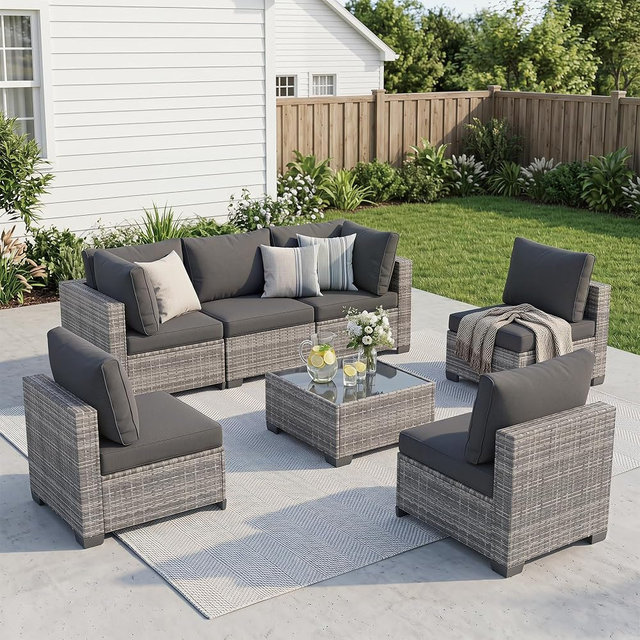 Kamsly 7 Piece Outdoor Patio Furniture Sets, Modular Wicker Sectional Sofa, Patio Conversation Sets with Glass Coffee Table for Backyard, Porch, Garden, Poolside (Grey PE Rattan + Dark Grey Cushions)