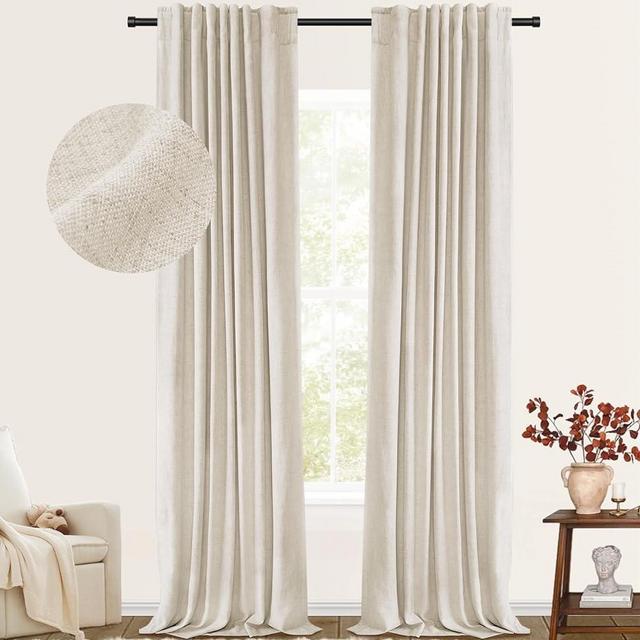 100% Blackout Shield Blackout Curtains for Bedroom Faux Linen Black Out Curtains 84 inch Length 2 Panels Set, Back Tab/Rod Pocket Thermal Insulated Curtains with Black Liner, 50W x 84L, Butter Cream
