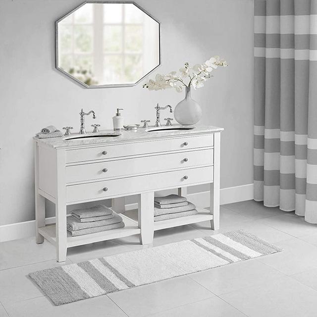 Madison Park Reversible Spa Rug 100%-Cotton Striped Ultra Soft Water Fast Bath Non-Slip Absorbent Quick Dry Mats for Tub, Shower Room, and Bathroom, 24x72, Grey