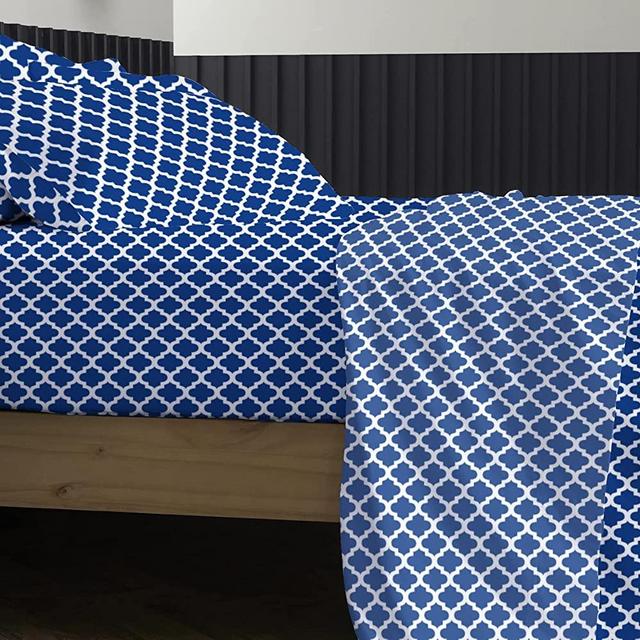 True Luxury 1000-Thread-Count 100% Egyptian Cotton Bed Sheets, 4-Pc King Navy Quatrefoil with White Pattern Sheet Set, Sateen Weave for Kids and Adults, Fits Mattress Upto 15'' Deep Pocket