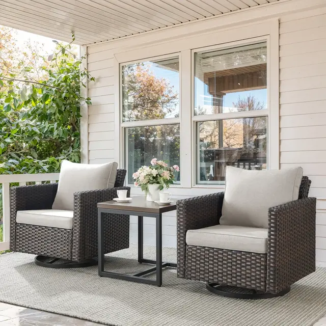 POCASSY Outdoor Swivel Rocker Chairs Set, Brown Wicker 3PCS Patio Furniture Set with Swivel Patio Chairs and Side Table, Outdoor Bistro Set in Beige