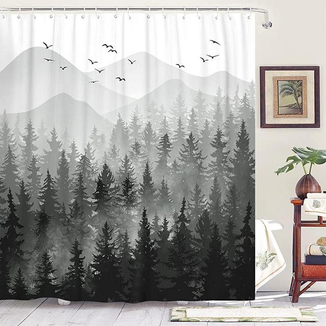 Accnicc Black and White Misty Forest Shower Curtain Set Grey Gray Ombre Waterproof Fabric Shower Curtains Nature Tree Mountain Woodland Decorative Bathroom Bath Curtain Decor (72'' × 72'', Black)