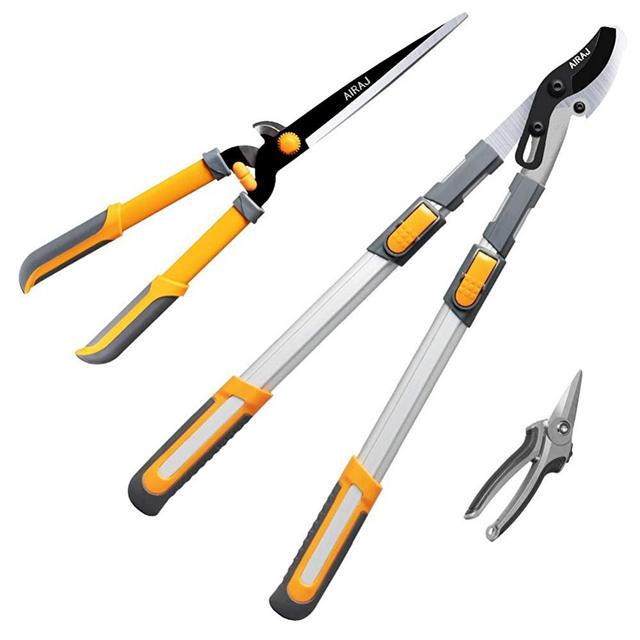 AIRAJ 3-piece Hedge Clippers Set, 8" Sharp Garden Pruning Shears 23" Professional Hedge Clippers 27" Bypass Loppers Pruning Shears for Gardening Heavy Duty for Branch Cutting Tree Trimming