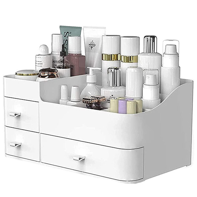 Makeup Organizer With Drawers,Large Countertop Storage for Cosmetics Elegant Vanity Holder for Brushes, Eyeshadow, Lotions, Lipstick, Nail Polish and Jewelry (White)