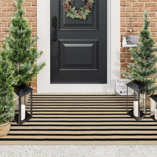 Black and Tan Outdoor Rugs, 3x5 Stripe Front Porch Rugs Hand-Woven Front Door Mat, Washable Cotton Reversible Entry Rugs Layered Doormats for Outside Entrance Patio Balcony Living Room Kitchen