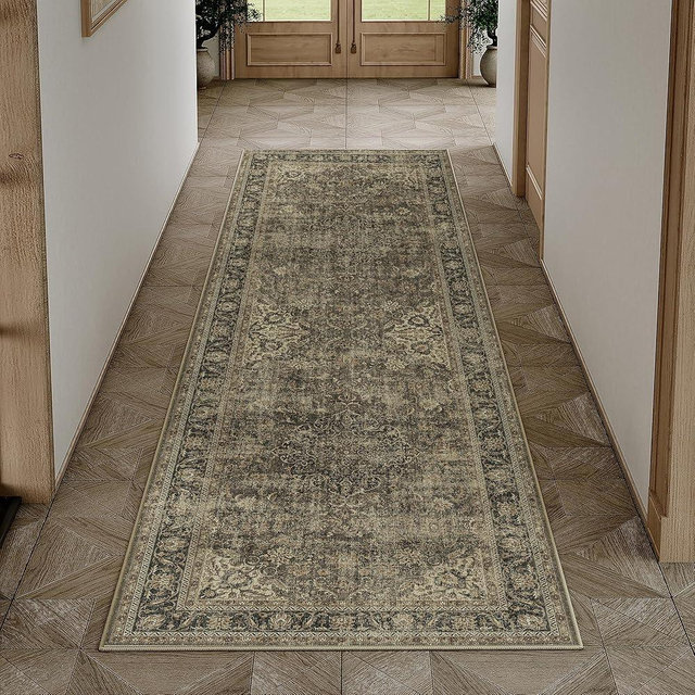 WondRg 2x7 Washable Brown Vintage Runner Rug for Kitchen Hallway Non-Slip Low Pile Soft Thin Carpet Traditional Retro Distressed Accent Throw Rug for Entryway Bathroom Indoor Bedroom
