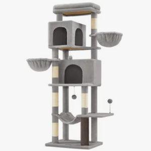 FEANDREA Indoor Tall Multi-Tier Condo with 2 Caves, 2 Baskets, 5 Scratching Posts Cat Tower Tree, Dove Gray, 22 x 18 x 69-in
