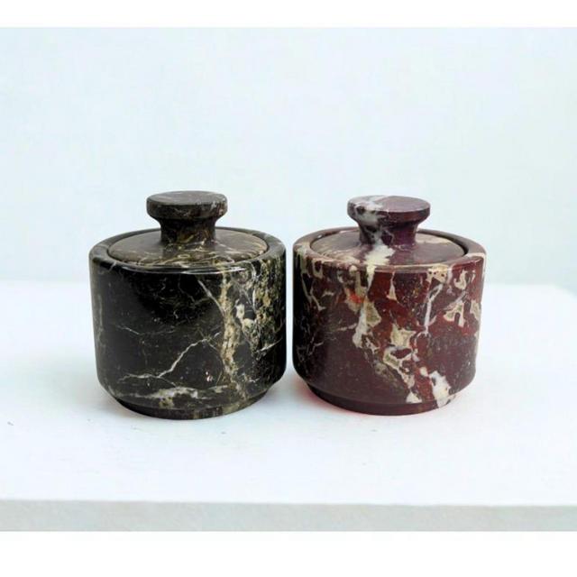 Marble Salt Cellar with Lid - Set of Two Salt and Pepper Cellar, Salt Jar, Sugar Pot, Salt Box, Sugar Bowl | Unique Kitchen Gifts for Her
