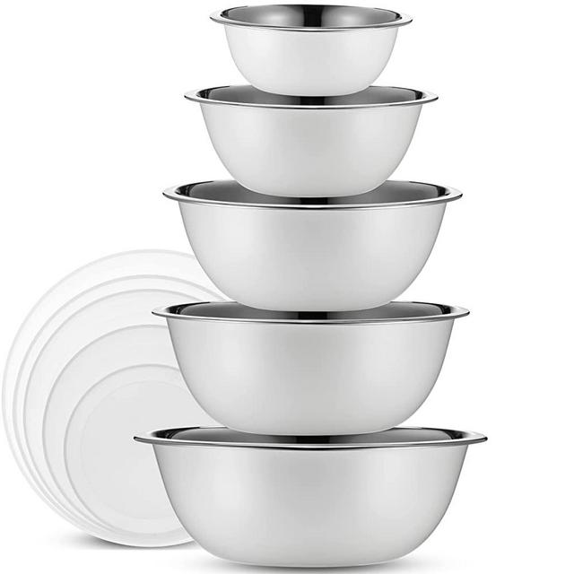 WHYSKO Stainless Steel Mixing Bowls With Lids Set, 5 Sizes Nesting Mixing Bowls for Your Kitchen Meal Prep, Cooking, Baking, and Food Storage (White Bowls - With White Lids)