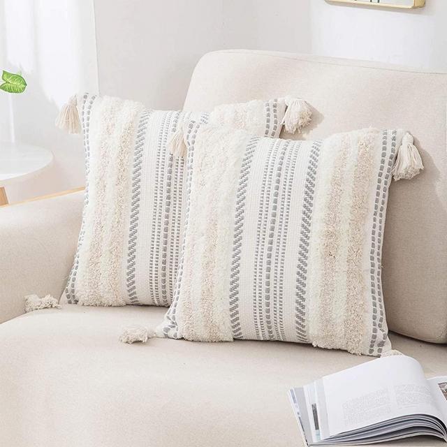 decorUhome Set of 2 Boho Decorative Throw Pillow Covers for Bed Bedroom Neutral Accent Cushion Cover Tufted Woven Pillow Case, 18x18, Beige