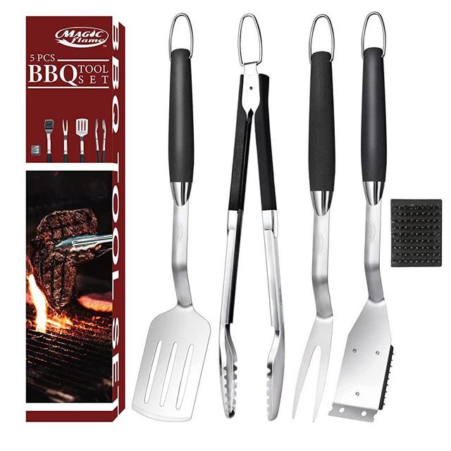 MAGIC FLAME 18'' BBQ Grill Accessories, Heavy Duty 5 Pcs Grilling Tools, Extra Thick Stainless Steel Grill Utensils Set Gift with Spatula Fork Cleaning Brush Tong BBQ Set for Outdoor Camping Grilling