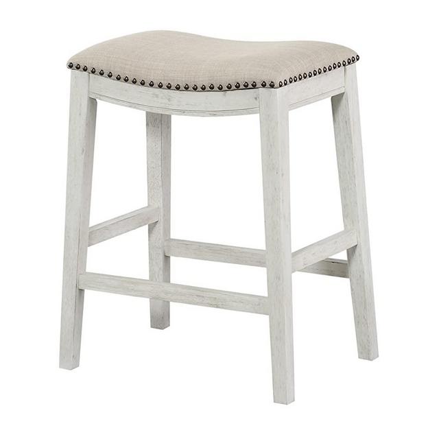 OSP Home Furnishings Saddle Stool with Antique White Base, 24-Inch, Beige Fabric