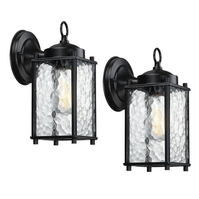 Caisens Outdoor Wall Light Fixture, Exterior Wall Sconce, Black Outdoor Porch Light with Hammered Glass, Waterproof Anti-Rust, for Garage, Front Door, Entryway, 2 Pack