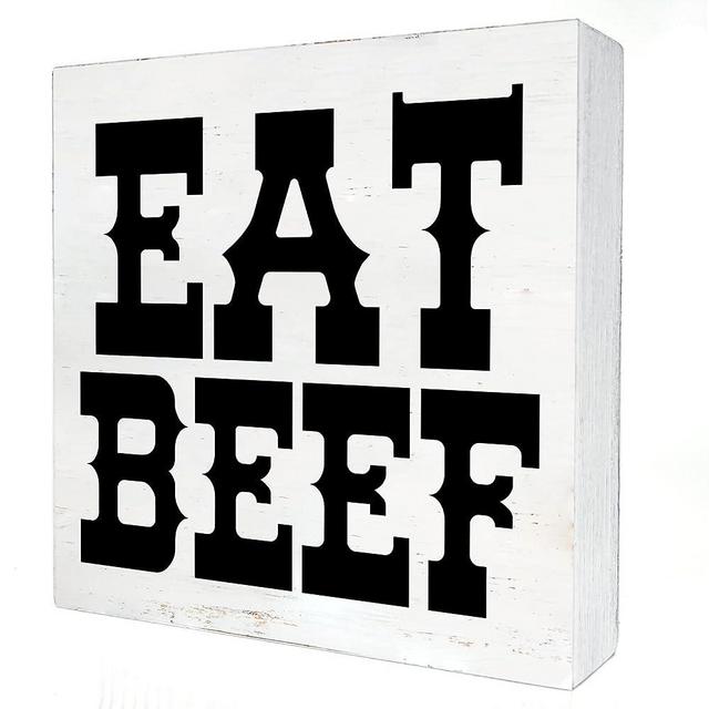 Western Kitchen Wooden Box Sign with Saying Desk Decor 5 x 5 Inch Eat Beef Box Sign Wood Plaque Block Sign Rustic Home Cowboy Kitchen Decor