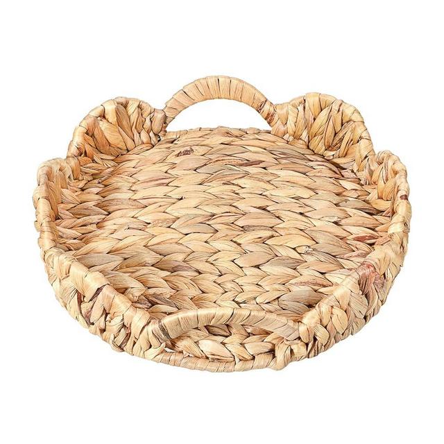 GUSHBIN Scalloped Tray Small Wicker Tray for Decor,Round Wicker Basket Trays for Coffee Table, Decorative Water Hyacinth Serving Trays for Kitchen Counter,10.9 Inches