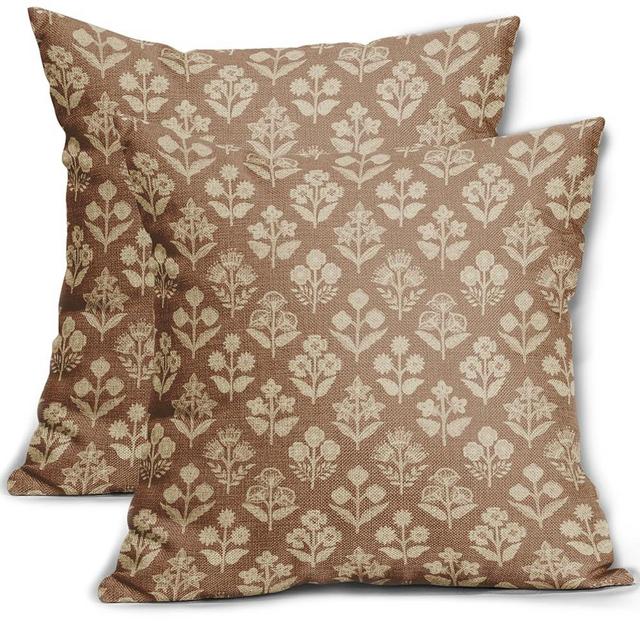 Sivirary Brown Floral Block Print Pillow Covers 20x20 Inch Set of 2, Vintage Flower Pattern Decorative Throw Pillowcases Outdoor Farmhouse Cushion Covers Spring Summer Rustic Sofa Couch Bed Decor