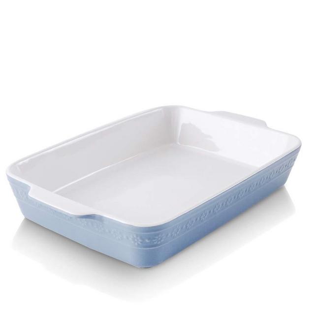 KOOV Individual Lasagne Pan Deep, Rectangular 9x13 Baking Dish, Ceramic Baking Dish, Bakeware for Tapas, Roasting, Casserole Dish for Oven, Daisy Series (Haze Blue)