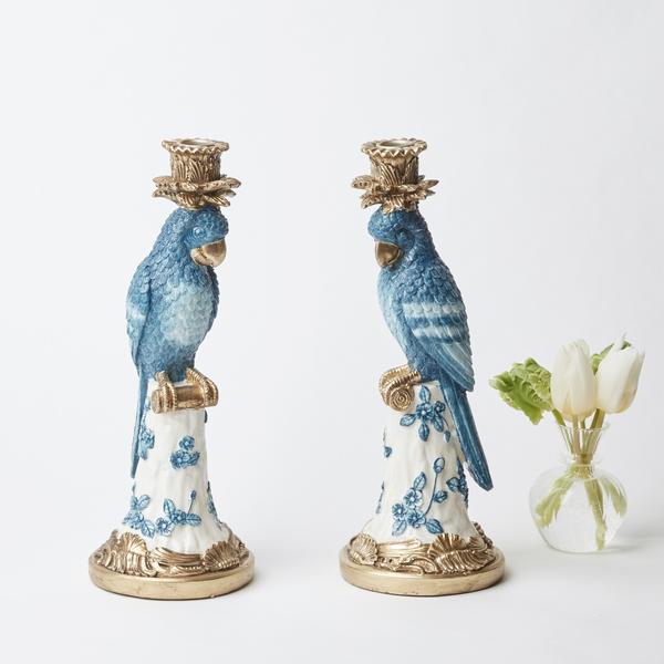 Blue & White Parrot Candle Holder (Pair)