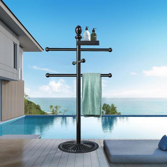 Pool Outdoor Towel Rack, Metal Heavy Duty Never Tilt Pool Accessories with Heavy Metal Base, 6 Bars Hot Tub Accessories Towel Dying Rack Towel Stand for Pool, Spa(4.2FT)