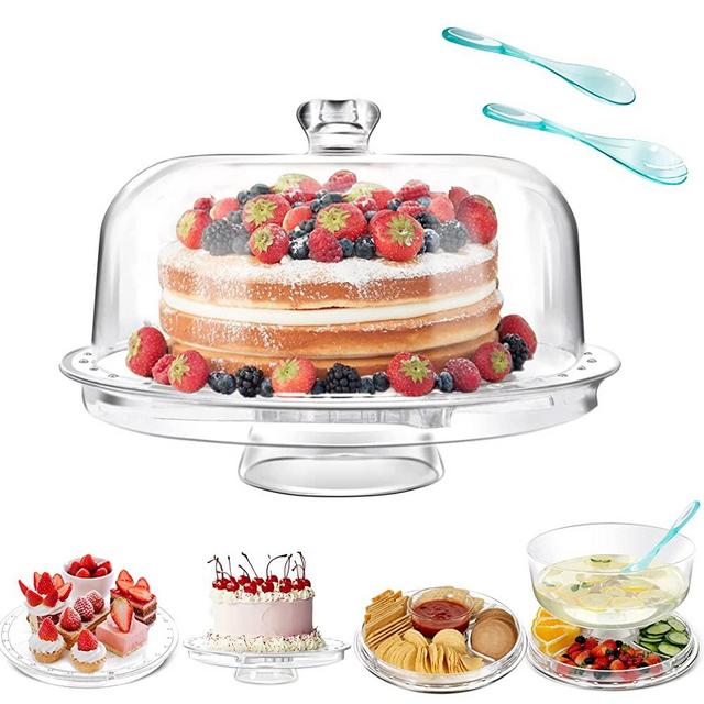 Cake Stand with Demo Cover Bowl, 6 in 1 Multiple Use Display Stand Cake Plate for Christmas Wedding Party, Clear Acrylic Cake Plate/Salad Bowl/Dessert Platter/Serving Tray, BPA-Free, 2 pcs Free Spoon