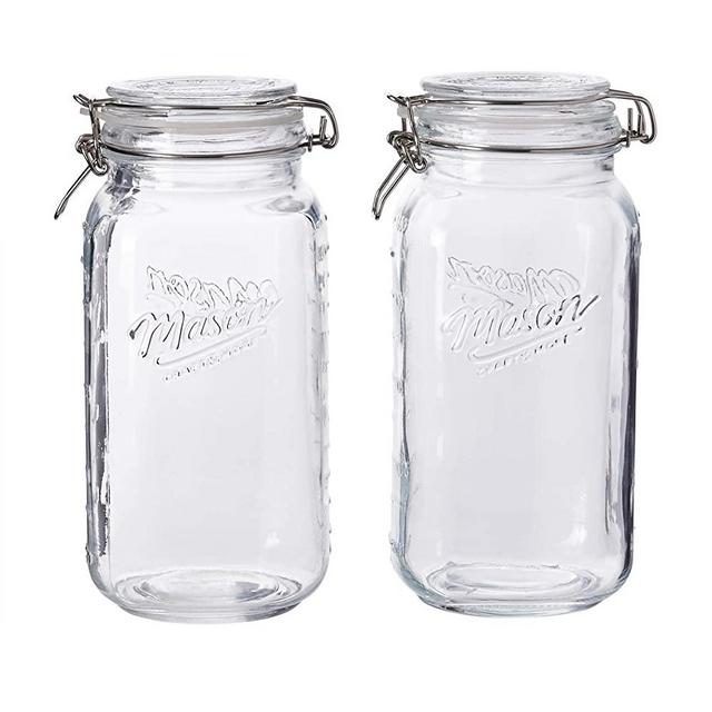 Mason Craft & More Airtight Kitchen Food Storage Clear Glass Clamp Jars, 2 Pack of 67 Ounce (2 Liter) Large Clamp Jar