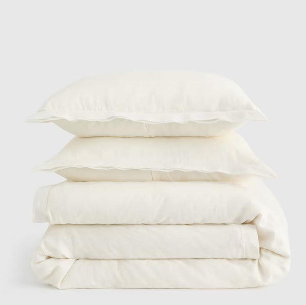 European Linen Double Flange Duvet Cover Set - Ivory, Full/Queen