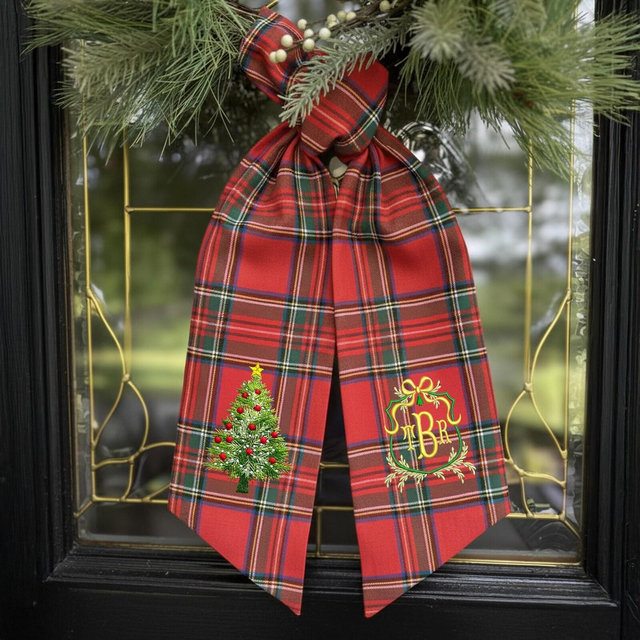 Embroidered Christmas Tree Wreath Sash, Personalized Monogram Wreath Sash, Embroidered Fluffy Christmas Tree Wreath Sash with Monogram