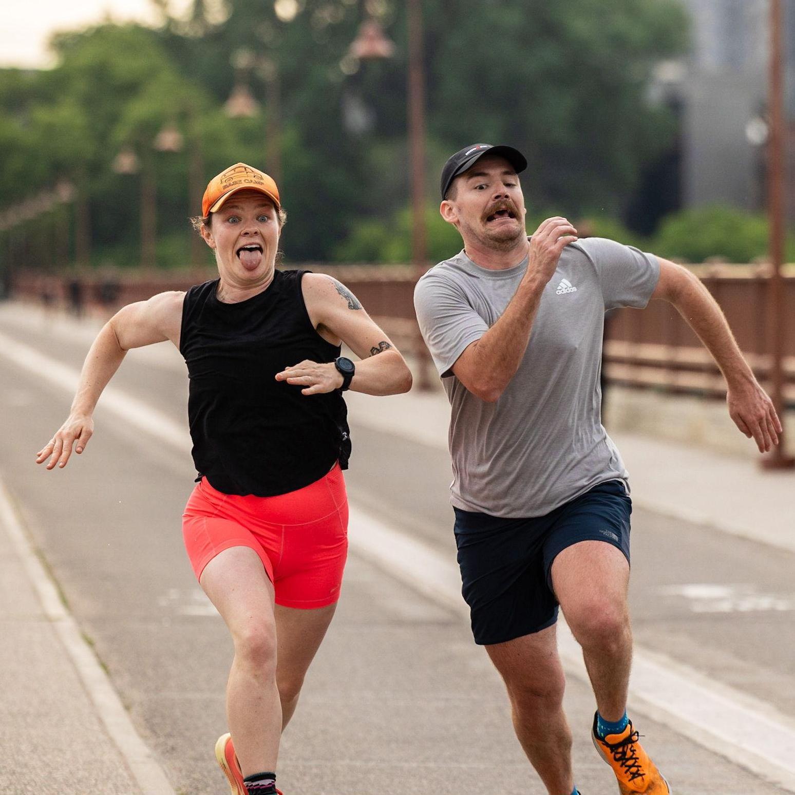 Racing across the Stone Arch Bridge in Minneapolis.