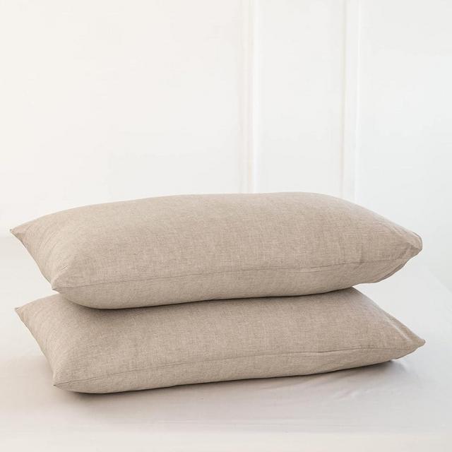 MooMee Bedding Pillowcases 100% Washed Cotton Linen Like Textured Breathable Durable Soft Comfy (Taupe, Queen)