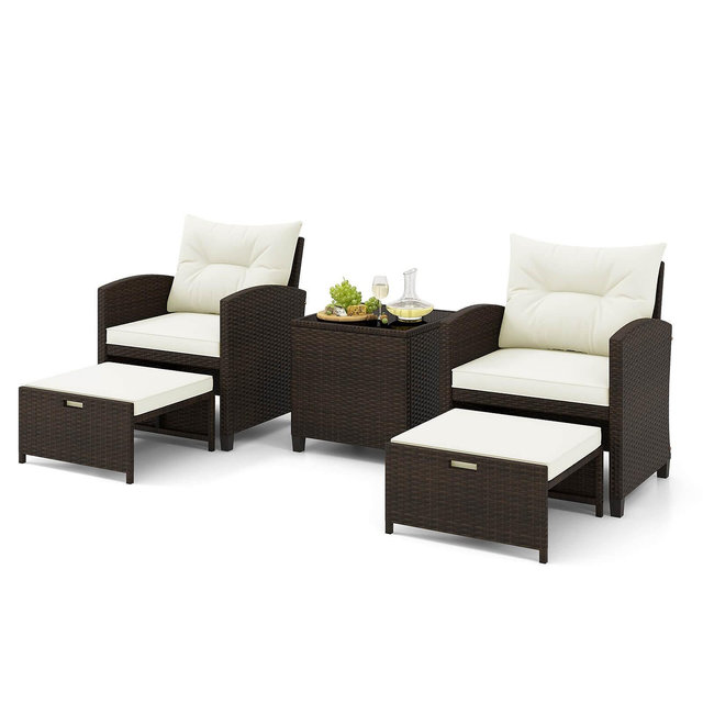 5 PCS Patio Rattan Furniture with 2 Wicker Ottomans & Tempered Glass Coffee Table