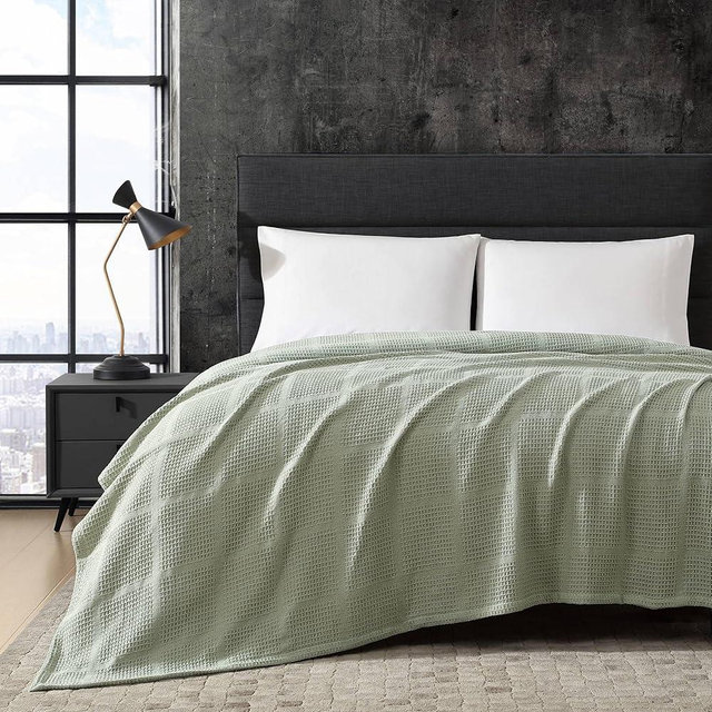 Kenneth Cole - King Blanket, Lightweight Cotton Home Bedding, Cozy Blanket for All Seasons (Waffle Grid Green, King)