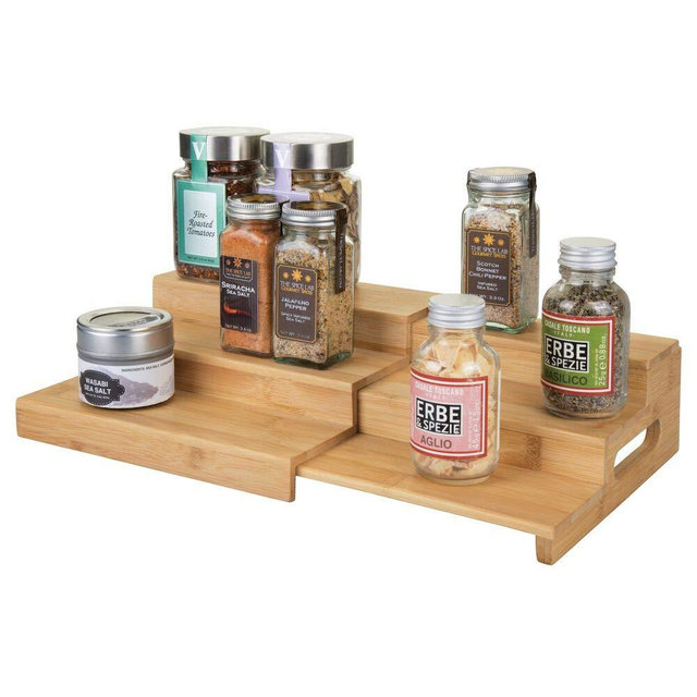 mDesign Bamboo Expandable Kitchen Cabinet, Pantry, Shelf Organizer/Spice Rack - 3 Level Storage, Easy Pull Out Handle, Eco-Friendly, Expands up to 15" Wide, Multipurpose - Natural Light Wood