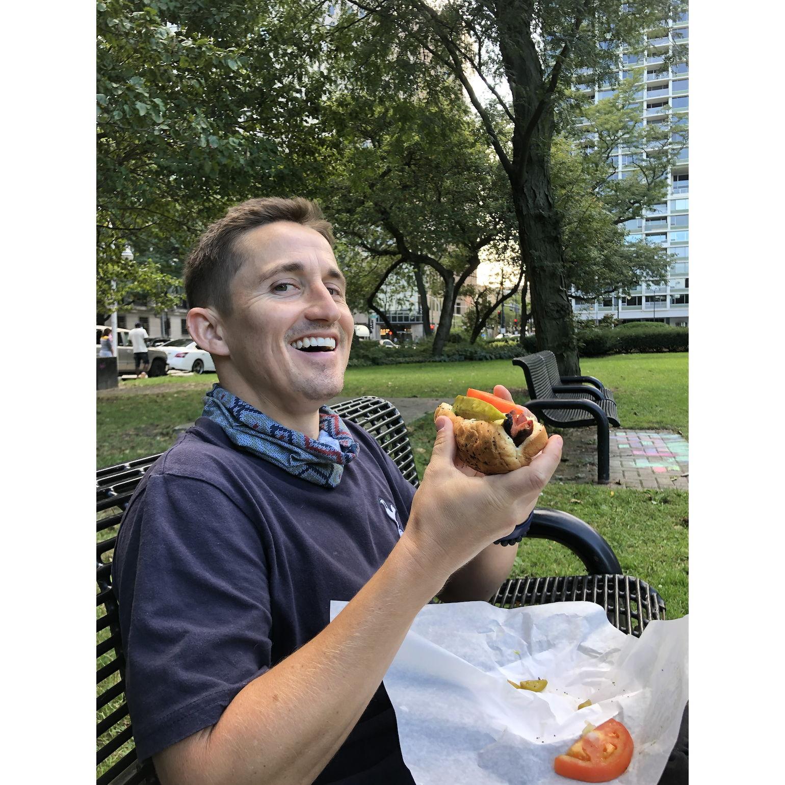 Ryan's first Chicago hot dog!