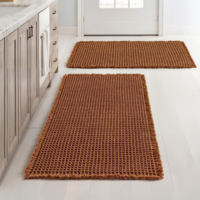 MIULEE Set of 2 Waffle Bathroom Rugs, Fall Boho Bath Rugs Non Slip Washable, Super Absorbent Bath Mats, Ultra Soft Rubber Backed Shower Mats for Bathroom Floor, Tub and Shower, Terracotta, 24x36 Inch