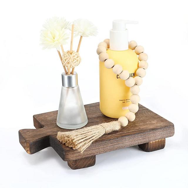Wood Pedestal Stand Riser Wood Tray for Bathroom Home Kitchen Sink Holder Wooden Soap Holder for Bottles Plant Makeup Tissues Candles Guest Towels Vanity Plate Jewelry Soap Decor (Brown)