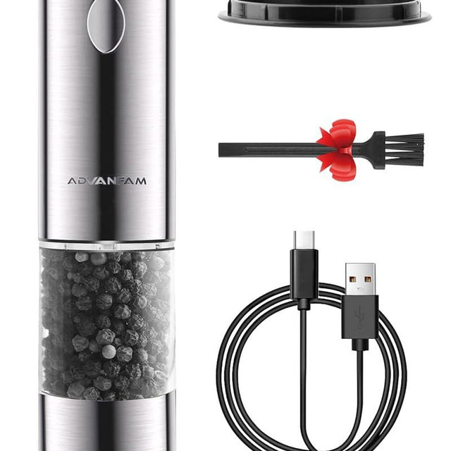 Advanfam Upgraded Larger Capacity Electric Salt and Pepper Grinder Stainless Steel Pepper Grinder with LED Light, Rechargeable Automatic Salt Pepper Mill Features Adjustable Coarseness