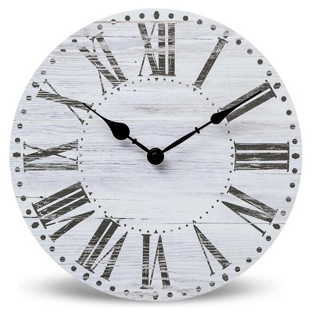 NIKKY HOME Farmhouse White Wall Clock - 12 Inch Antique Silent Non Ticking Battery Operated Vintage Country Rustic Distressed Wood Clock Home Decor for Kitchen, Living Room