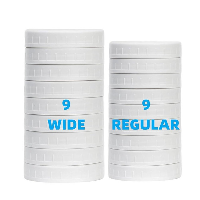 Jumterlee 18 Pack White Plastic Mason Jar Lids with Silicone Rings, 9 Wide Mouth & 9 Regular Mouth Mason Jar Lids,Plastic Canning Lids, Fit Ball,Kerr and More (White)