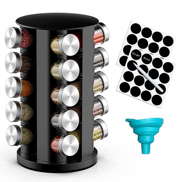 Revolving Spice Rack, Spice Racks Organizer for Kitchen Cabinet , Rotating Seasoning Organizer Storage with Jars , 32 Black