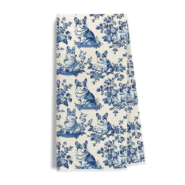 EKGJW Chinoiserie Corgi Dog Kitchen Towels, Gifts for Corgi Lovers Dish Tea Towels for Kitchen Decor, Grandmillennial Toile de Jouy Dog Decorative Hand Towels for Bathroom, 16x24 Inch